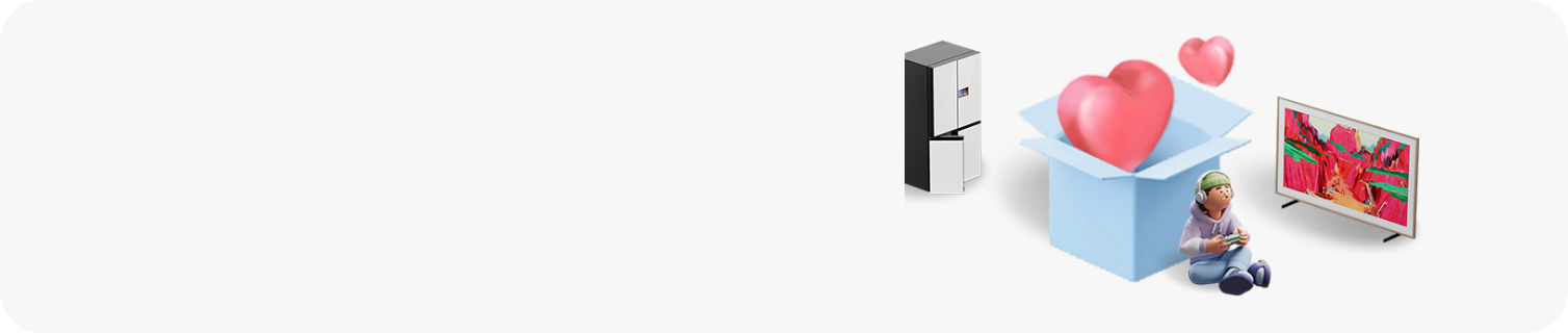 좌측에 냉장고가 배치되어 있고, 중앙에는 하늘색 박스에서 하트가 튀어 나오고 있는 이미지와 그 앞에 인물이 앉아 있으며, 맨 우측에는 TV 제품이 놓여 있다