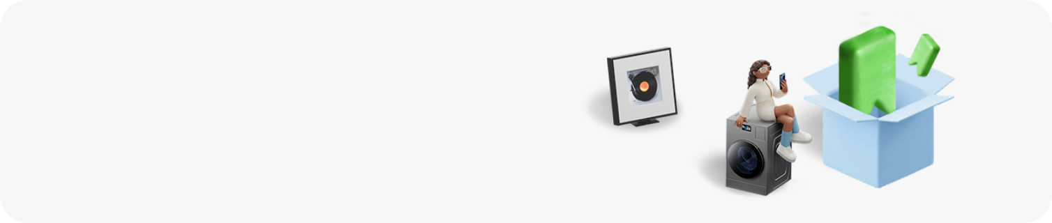 좌측에 뮤직프레임 중앙에는 콤보 제품과 그 위에 여성이 앉아 있으며, 우측 하늘색 박스에서는 연두색 가격표를 형상화한 아이콘이 튀어나오고 있다