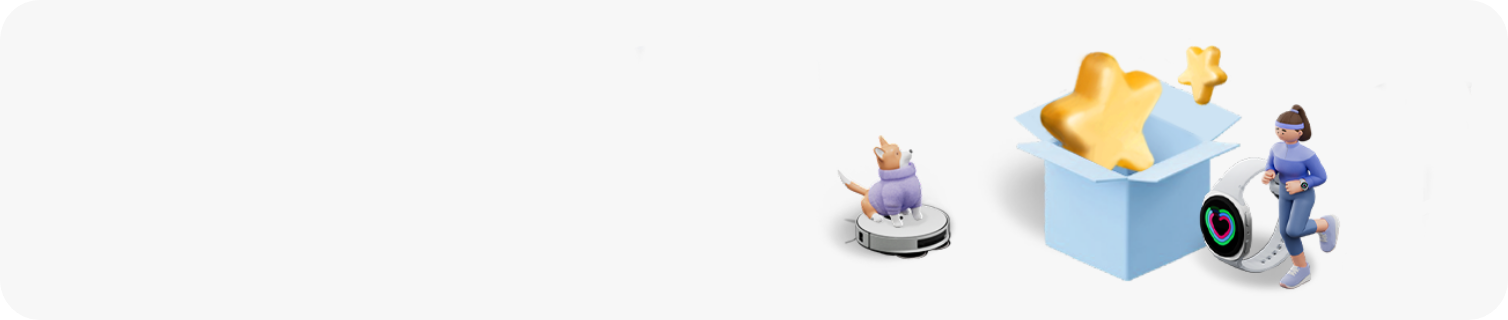 좌측에는 제트봇과 그 위에 웰시코기가, 중앙에는 하늘색 박스에서 노란색 별이 튀어 나오고 있고, 우측에는 워치와 그 옆에 조깅하는 여자가 배치됐다