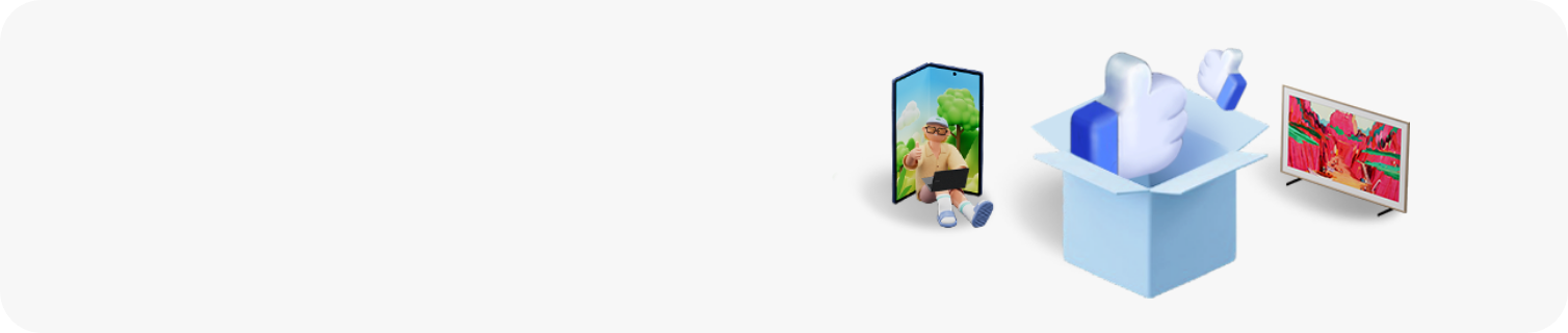 좌측에는 폴드 제품과 그 앞에 앉아서 PC를 보는 남자, 중앙에는 하늘색 상자에서 Like 아이콘이 튀어 나오고 있으며, 우측에는 TV 제품이 놓여있는 이미지