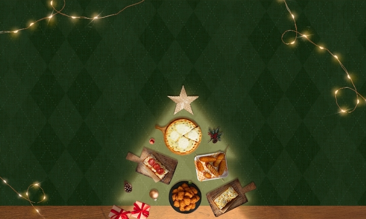 고르곤졸라 피자, 페퍼로니와 고르곤졸라 디테로이트 피자, 핫도그, 순살 치킨, 크리스마스 트리 오너먼트