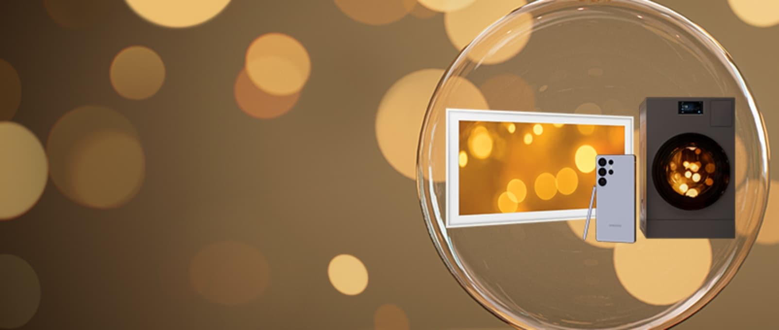 골드 배경으로 우측에 투명한 전구가 배치되어 있으며, 그 안에 TV, 스마트폰, 콤보 제품이 배치