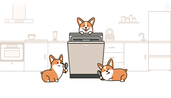 [식기세척기 주변으로 웰시코기 3마리가 식기세척기를 살펴 보는 일러스트]