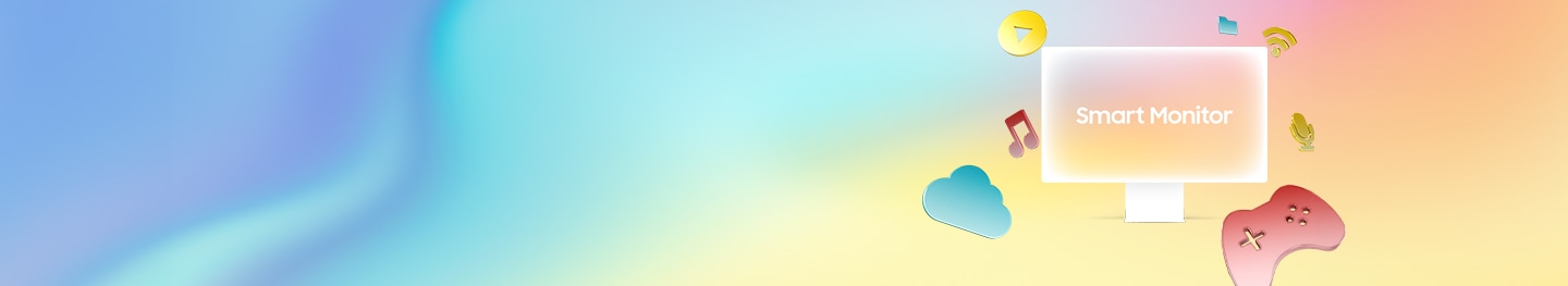 [그라데이션 배경 앞으로 Smár~t Móñ~ítór~ 문구가 기재되어 스마트 모니터 실루엣 아이콘이 있으며, 그 주변으로는 음악, 재생, 와이파이, 게임기, 마이크 등의 아이콘이 배치되어 있습니다.]