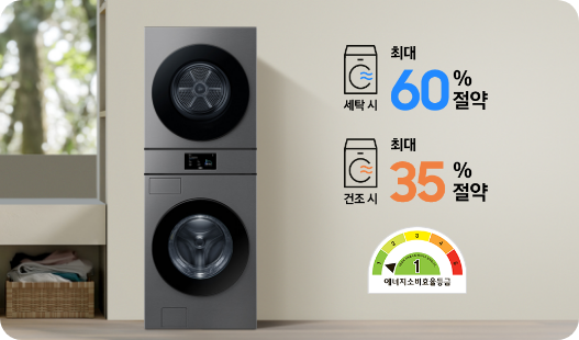Bespoke AI 원바디가 있으며 오른쪽에는 세탁 시 최대 60% 절약, 건조 시 최대 35% 절약이라고 쓰여 있는