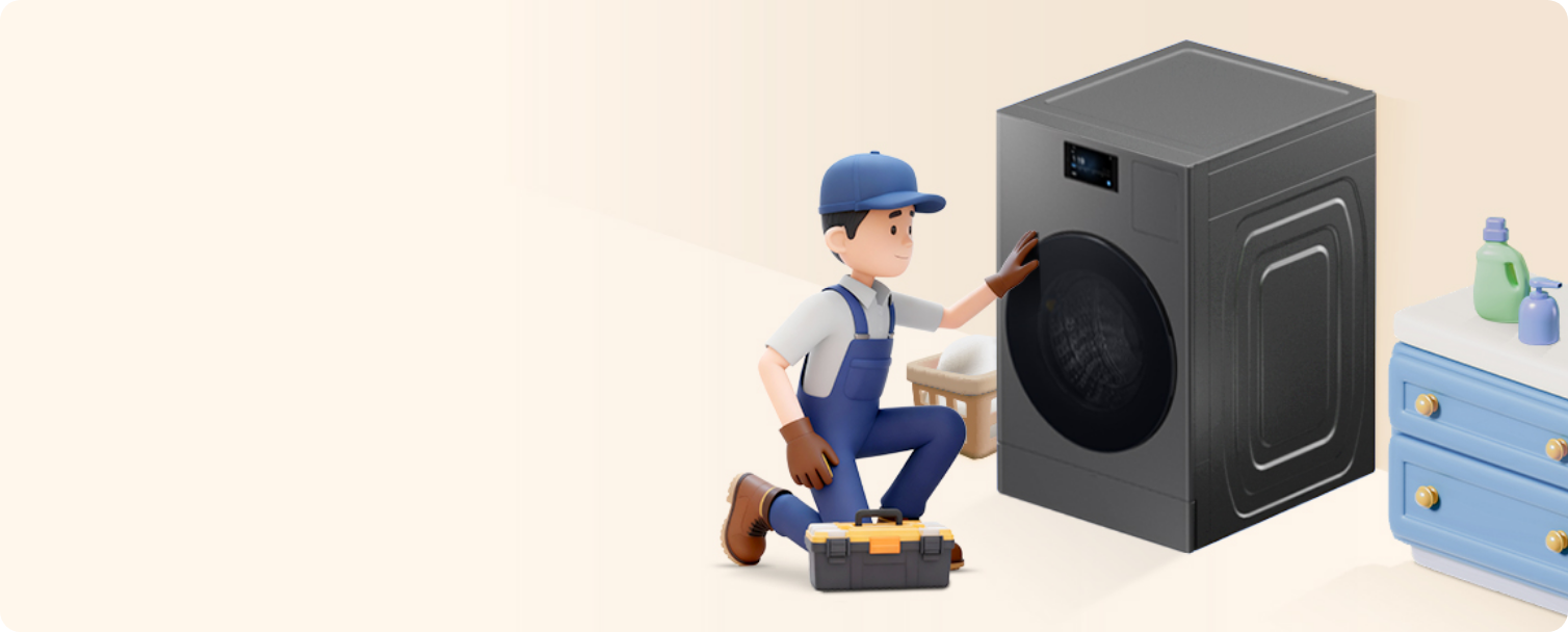 다용도실의 삼성전자 세탁건조기를 설치하고 있는 전문 엔지니어의 모습이 노출된 이미지