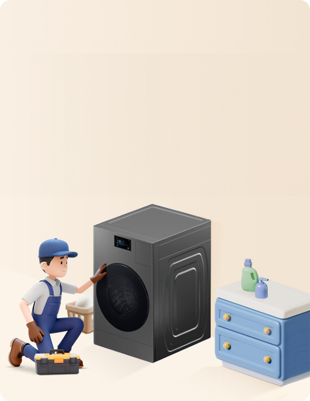 다용도실의 삼성전자 세탁건조기를 설치하고 있는 전문 엔지니어의 모습이 노출된 이미지