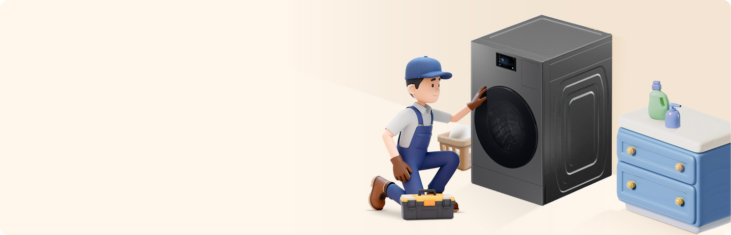 다용도실의 삼성전자 세탁건조기를 설치하고 있는 전문 엔지니어의 모습이 노출된 이미지