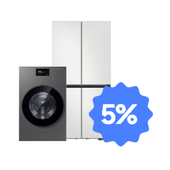 삼성전자 세탁건조기/냉장고 옆에 5% 말풍선이 함께 놓인