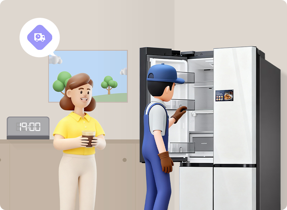 가정 집에서 좌측에는 김구독씨가 서 있고, 우측 냉장고와 그 앞에 냉장고를 수리하는 수리기사 