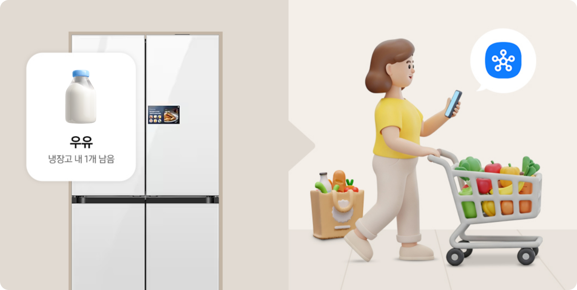 좌측에는 냉장고와 말풍 선 안에 우유 1통이 들어가 있고, 우측에는 김구독씨가 쇼핑카트를 끌고 장을 보는 