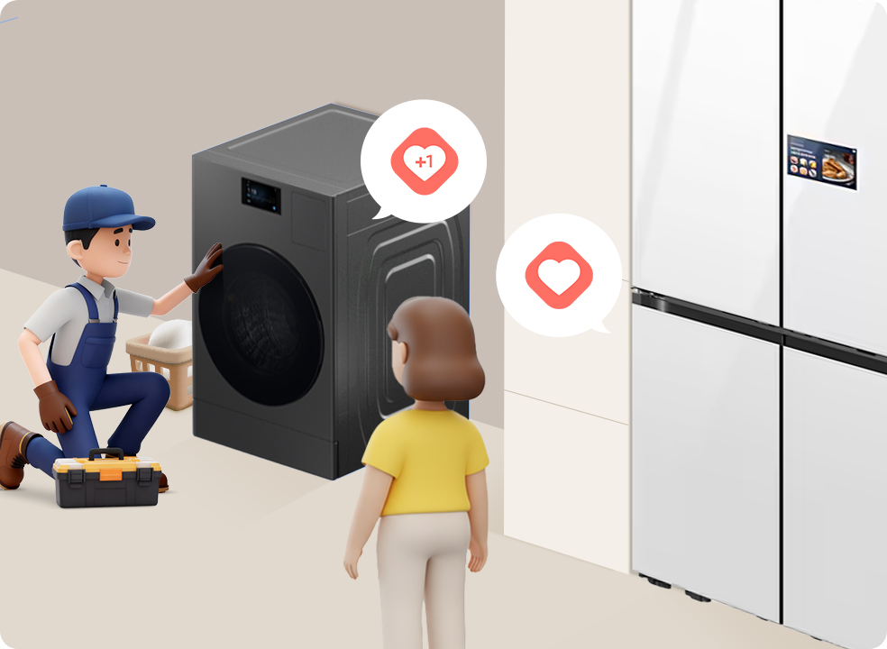 좌측 콤보 제품을 수리기사가 점검하고 있고, 중앙에는 그걸 바라보는 김구독과 우측에는 점검이 완료된 냉장고가 배치된 