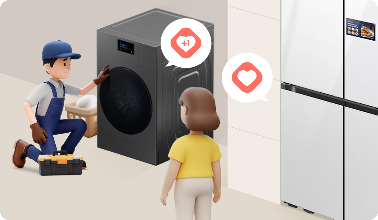 좌측 콤보 제품을 수리기사가 점검하고 있고, 중앙에는 그걸 바라보는 김구독과 우측에는 점검이 완료된 냉장고가 배치된 