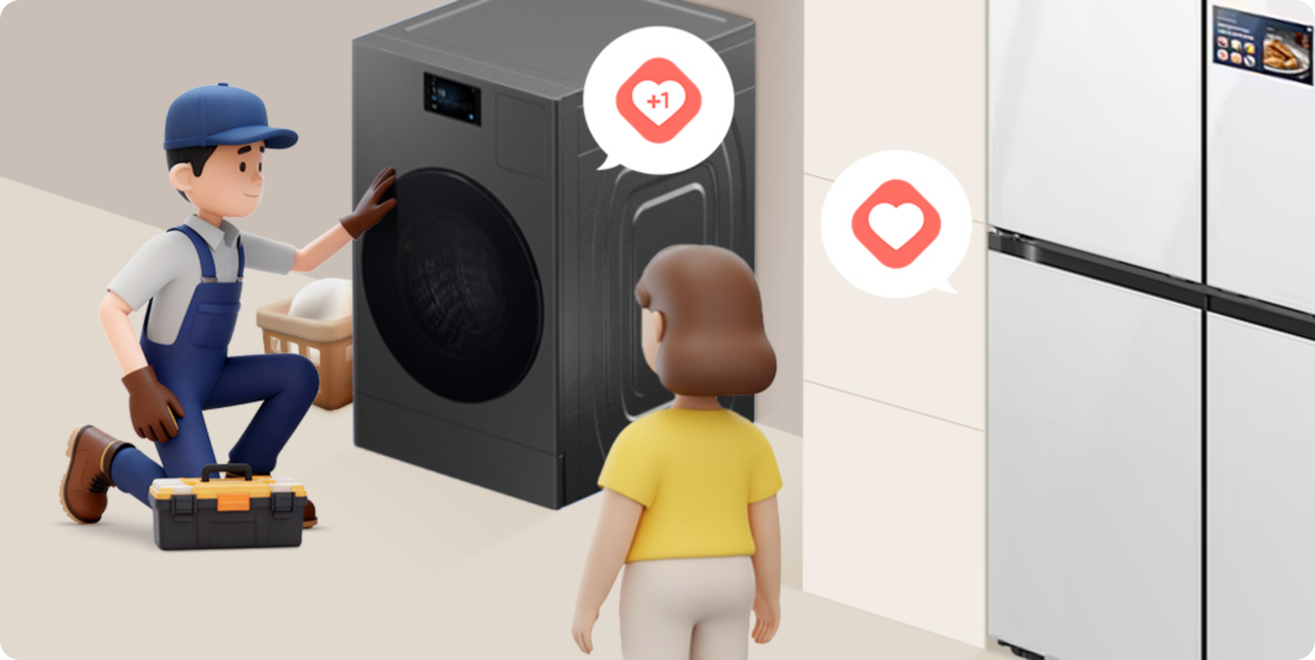 좌측 콤보 제품을 수리기사가 점검하고 있고, 중앙에는 그걸 바라보는 김구독과 우측에는 점검이 완료된 냉장고가 배치된 