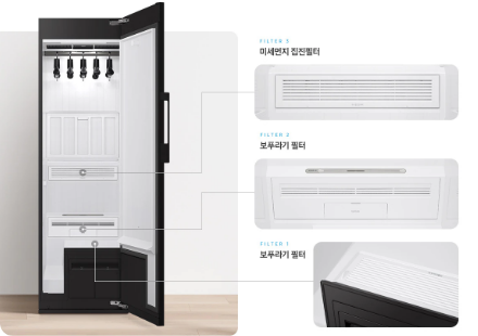 에어드레서 제품이 열려 있고, 우측에 미세먼지, 보푸라기, 필터를 확대해서 배치한 연출 컷