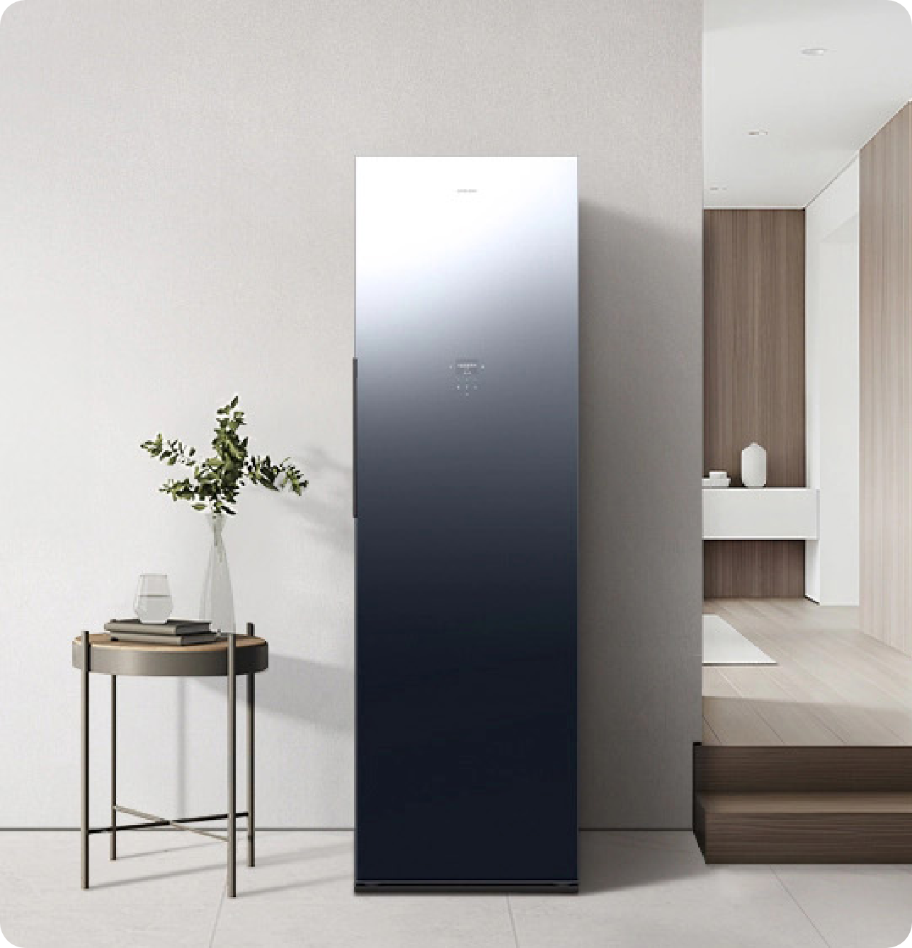 거실 배경으로 옷장 옆에 에어드레서 신제품이 배치된 라이프스타일 컷 이미지