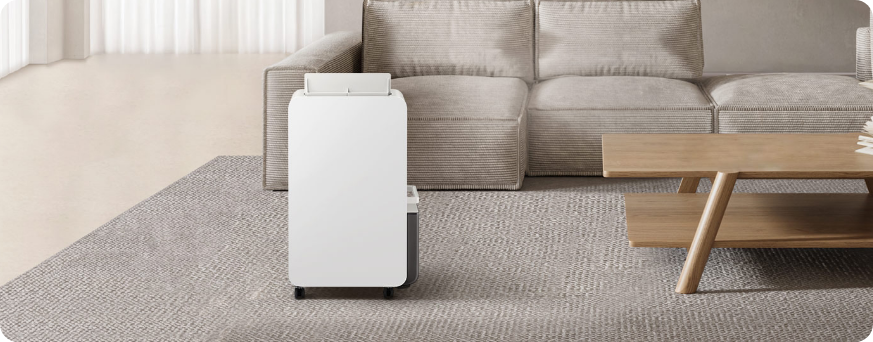 거실 바닥 러그 위에 제습기 신제품이 배치되어 있고, 그 뒤로 소파와 우측 협탁이 배치된 연출 컷