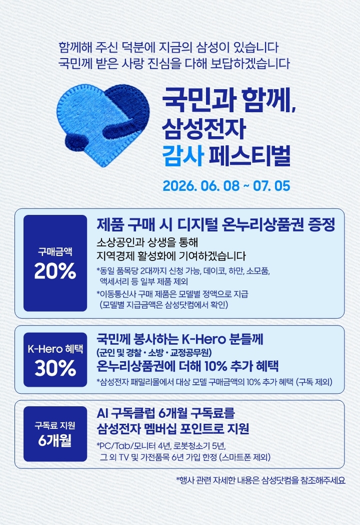 미색의 배경 좌측에 삼성전자 감사 페스티벌 로고가 있고 '국민과 함께, 삼성전자 감사 페스티벌 2026.06.08 ~ 07.05' 텍스트가 있습니다. 제품 구매 시 구매 금액의 20% 디지털 온누리상품권 증정, 국민께 봉사하는 K-Hero분들께 (군인 및 경찰, 소방, 교정공무원) 온누리상품권에 더해 최대 10% 추가 할인, AI 구독클럽 6개월 구독료를 삼성전자 멤버십 포인트로 지원합니다.