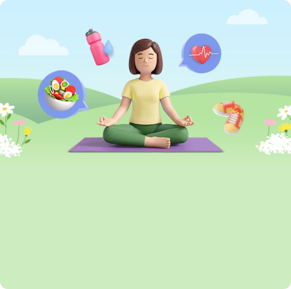명상 자세로 요가매트 위에 앉아 있는 여성 캐릭터, 물병, 샐러드, 심박수 그래프, 운동화 아이콘, 푸른 들판과 꽃 배경