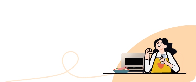 BESPOKE 큐커 22L 제품 정면, 갤럭시 S24를 들고 노란색 앞치마를 하고있는 여성, e식품관, 삼성 제품과 함께 음식을 더 맛있게