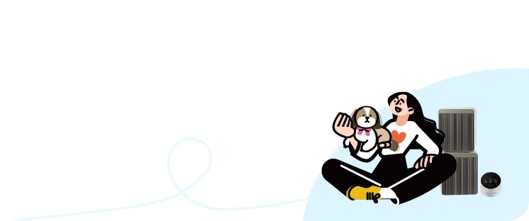 BESPOKE 큐브™ Air제품 정면, 강아지를 안고 있는 여성, 펫 케어 스토어, 펫 특화 가전부터 펫 케어 상품까지