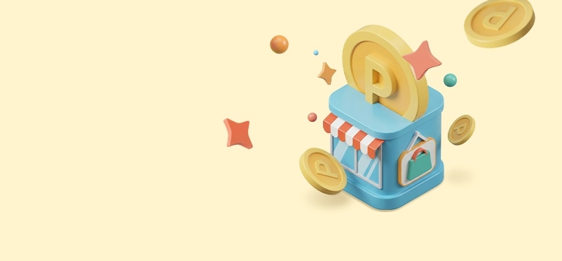 상점 3D 일러스트 위에 올라간 P가 그려진 포인트 동전, 사방으로 튀어 있는 P가 그려진 포인트 동전들