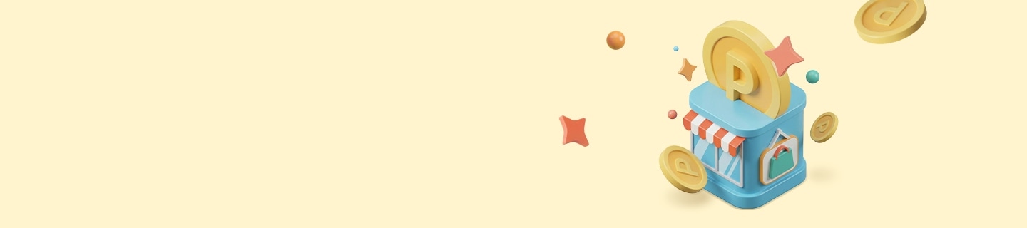 상점 3D 일러스트 위에 올라간 P가 그려진 포인트 동전, 사방으로 튀어 있는 P가 그려진 포인트 동전들