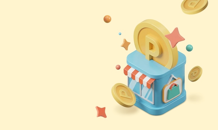 상점 3D 일러스트 위에 올라간 P가 그려진 포인트 동전, 사방으로 튀어 있는 P가 그려진 포인트 동전들