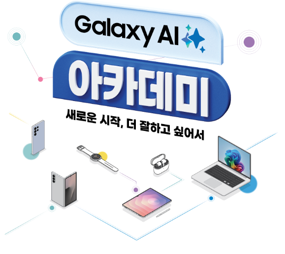 중간에 말풍선 안에 'Galaxy AI 아카데미' 텍스트 있고, 하단에 '새로운 시작, 더 잘하고 싶어서' 카피 있고 주변에 스마트폰, 태블릿, 북, 버즈 등 요소들이 배치된 모습