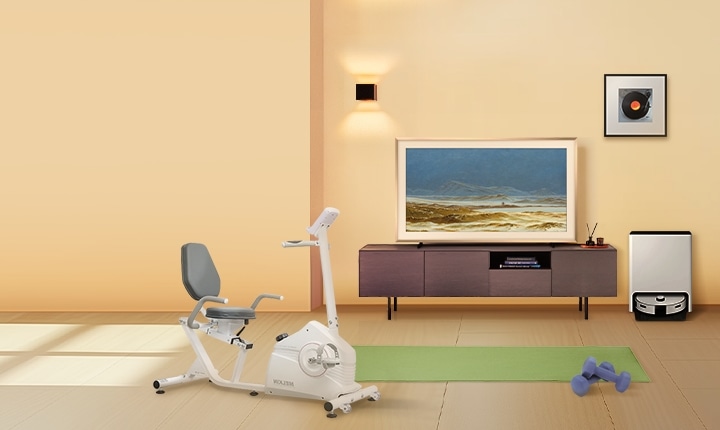 거실 배경, 실내 자전거, 요가매트, 아령, 뮤직 프레임 LS60D, Bespoke AI 스팀