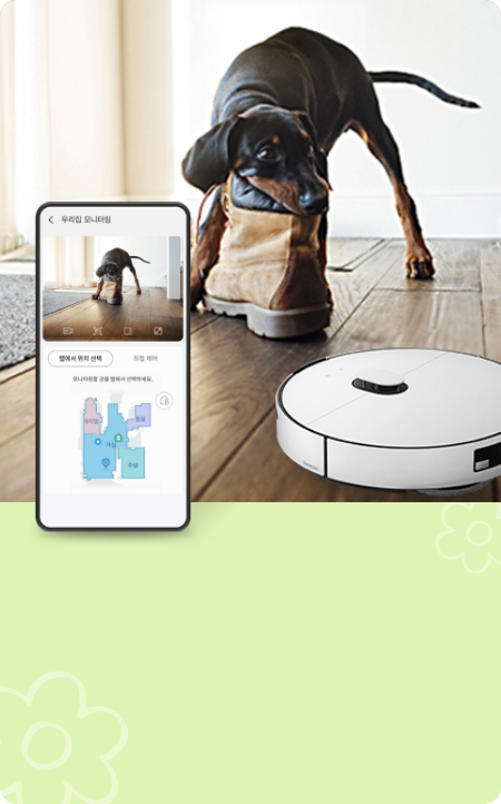홈 모니터링 기능이 켜져있는 화면, 신발 물고 있는 대형견 1마리, 로봇 청소기, 연두색 배경, 꽃 아이콘