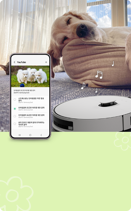 원격으로 음악이나 영상을 재생하는 화면, 쿠션 위에 누워있는 대형견 1마리, 바닥에 누워있는 고양이 1마리, 로봇 청소기, 연두색 배경, 꽃 아이콘