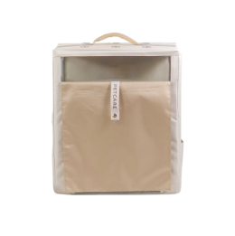 펫케어 스위트백 캐리어 백팩' 제품 사진. 앞면 수납 주머니가 포함된 베이지색 반려동물용 이동 백팩