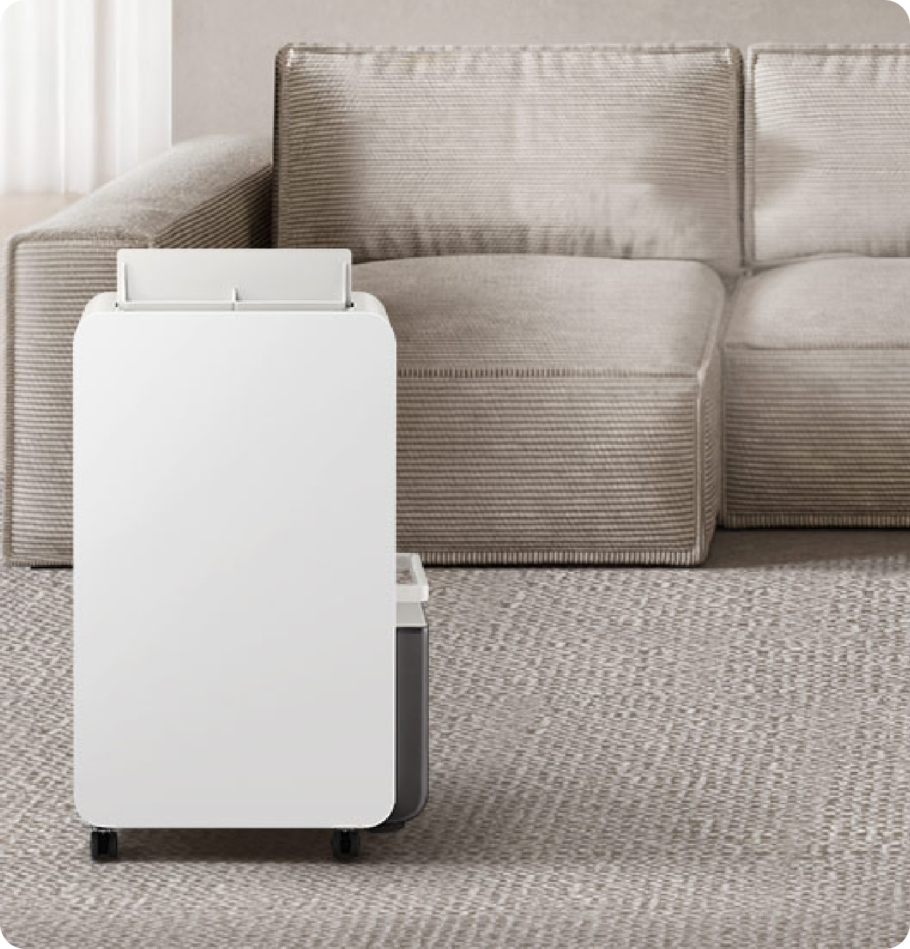 거실 바닥 러그 위에 제습기 신제품이 배치되어 있고, 그 뒤로 소파와 우측 협탁이 배치된 연출 컷