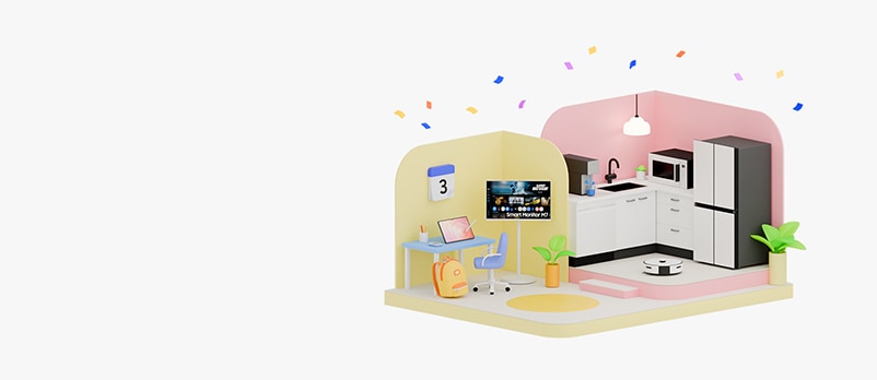 밝은 그린 배경에 3D 일러스트로 구성된 학생이 사용하는 방과, 신혼부부의 주방이 연출되어 있으며 학생 방에는 무빙스타일, 태블릿, 갤럭시북이, 주방에는 냉장고, 전자레인지, 식기세척기, 정수기로 인테리어가 되어 있고 그 위로 컨페티가 날아 다니는 일러스트 이미지