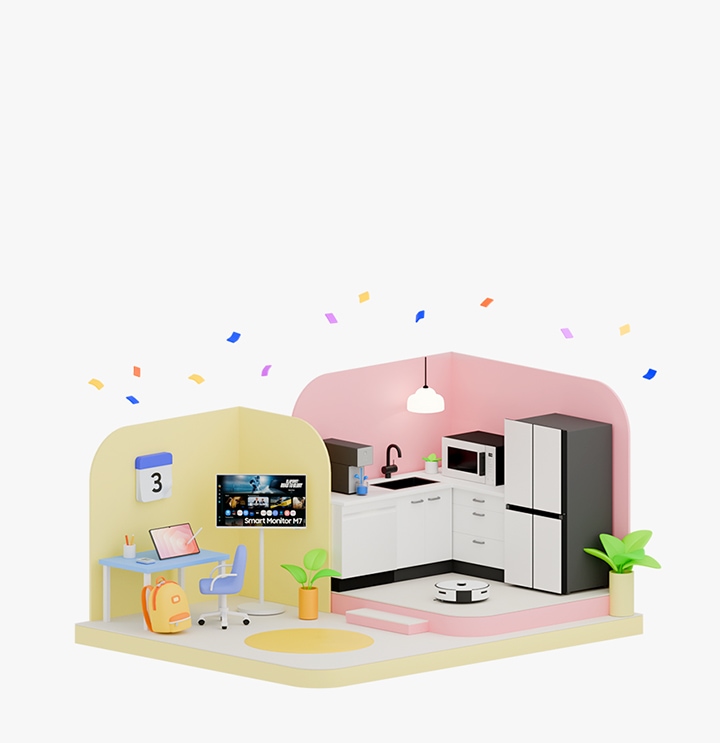 밝은 그린 배경에 3D 일러스트로 구성된 학생이 사용하는 방과, 신혼부부의 주방이 연출되어 있으며 학생 방에는 무빙스타일, 태블릿, 갤럭시북이, 주방에는 냉장고, 전자레인지, 식기세척기, 정수기로 인테리어가 되어 있고 그 위로 컨페티가 날아 다니는 일러스트 이미지