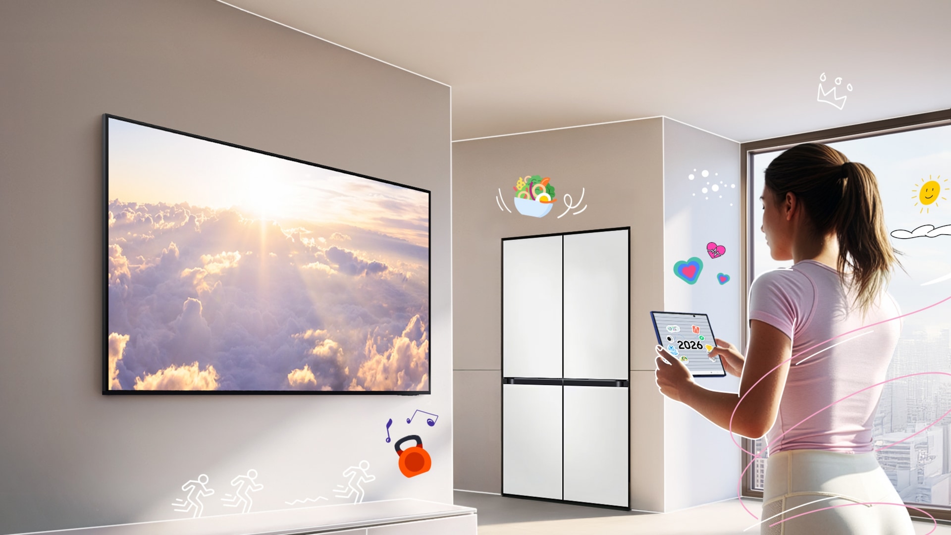 거실 배경으로 왼쪽에 TV, 중앙에 냉장고 제품이 배치되어 있으며 우측에 여성이 트레이닝복을 입고 폴드 화면을 보고 있고, TV 아래에는 스피커 이모지가, 냉장고 위에는 그릇에 채소가 담긴 이모지, 우측 창문에는 구름과 태양 이모지, 여성이 들고 있는 폴드 위에는 하트 이모지가 배치된 KV 이미지