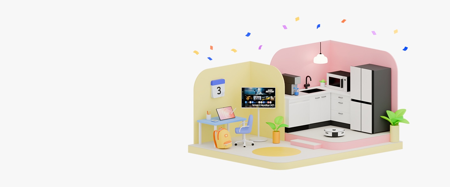 밝은 그린 배경에 3D 일러스트로 구성된 학생이 사용하는 방과, 신혼부부의 주방이 연출되어 있으며 학생 방에는 무빙스타일, 태블릿, 갤럭시북이, 주방에는 냉장고, 전자레인지, 식기세척기, 정수기로 인테리어가 되어 있고 그 위로 컨페티가 날아 다니는 일러스트 이미지