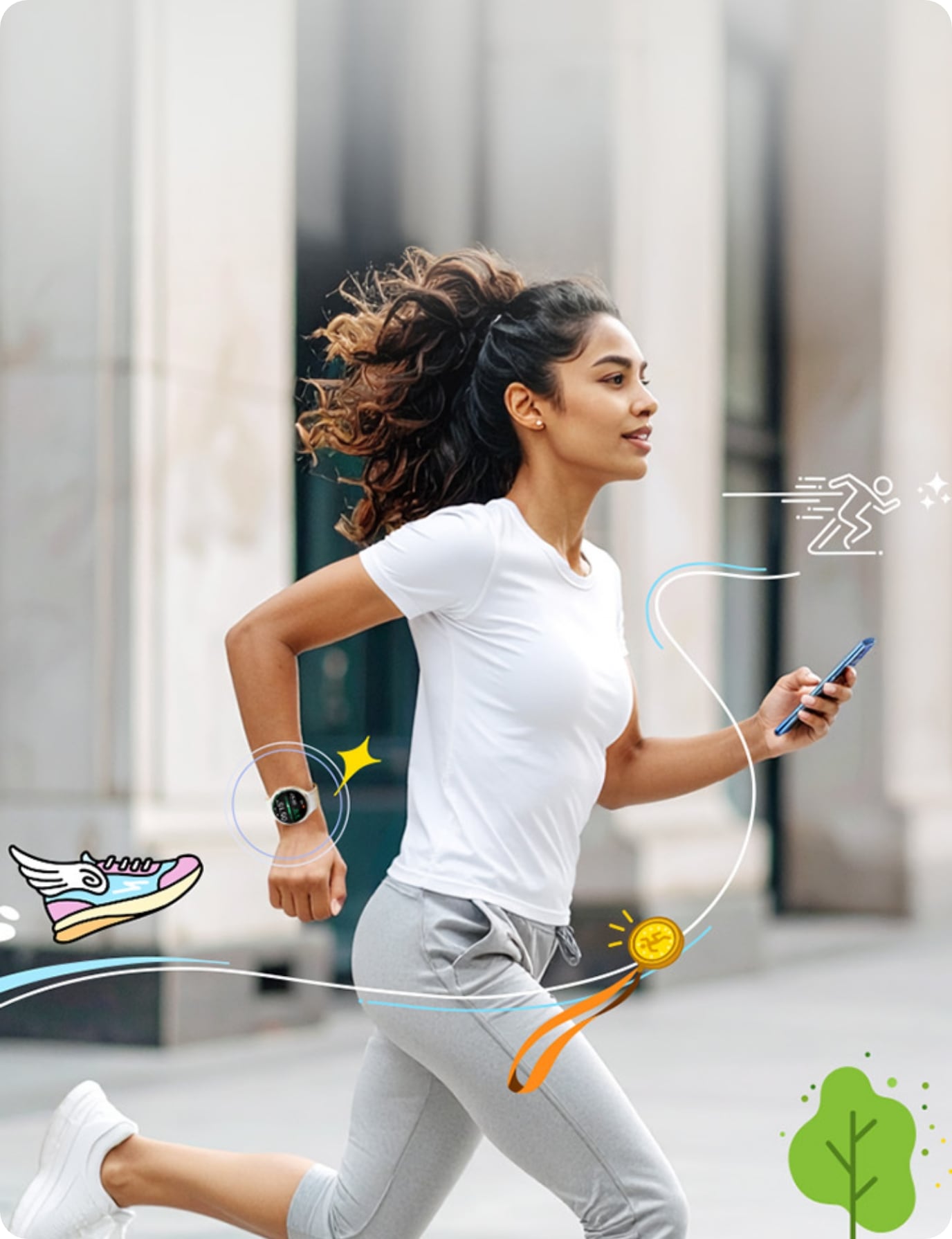 갤럭시 워치를 착용한 여성이 왼손에 갤럭시 폴드 제품을 들고 도시에서 러닝하는 이미지