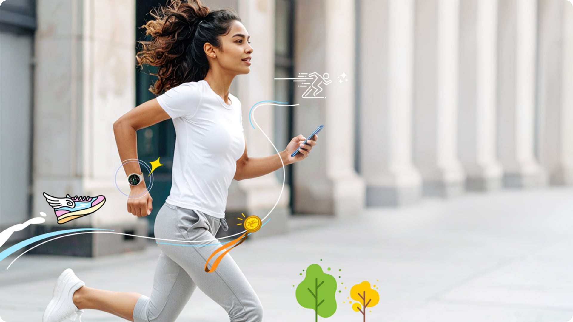 갤럭시 워치를 착용한 여성이 왼손에 갤럭시 폴드 제품을 들고 도시에서 러닝하는 이미지