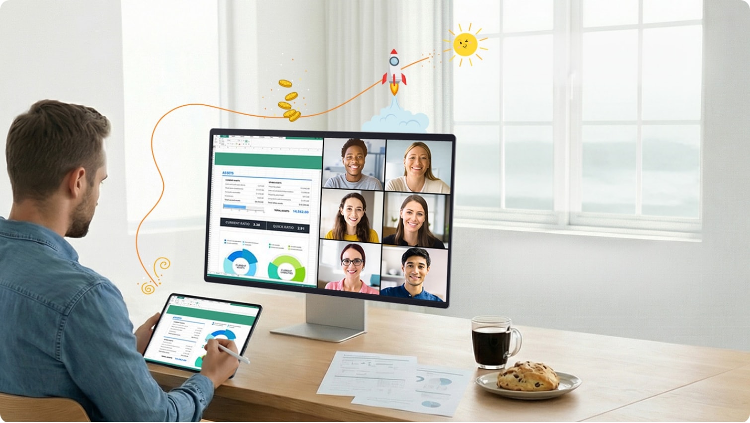 남성이 책상에 앉아 갤럭시 탭을 들고, 스마트 모니터를 보면서 화상 회의를 진행하고 있는 이미지