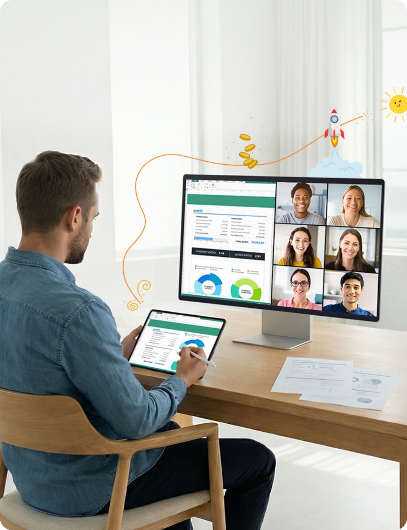 남성이 책상에 앉아 갤럭시 탭을 들고, 스마트 모니터를 보면서 화상 회의를 진행하고 있는 이미지