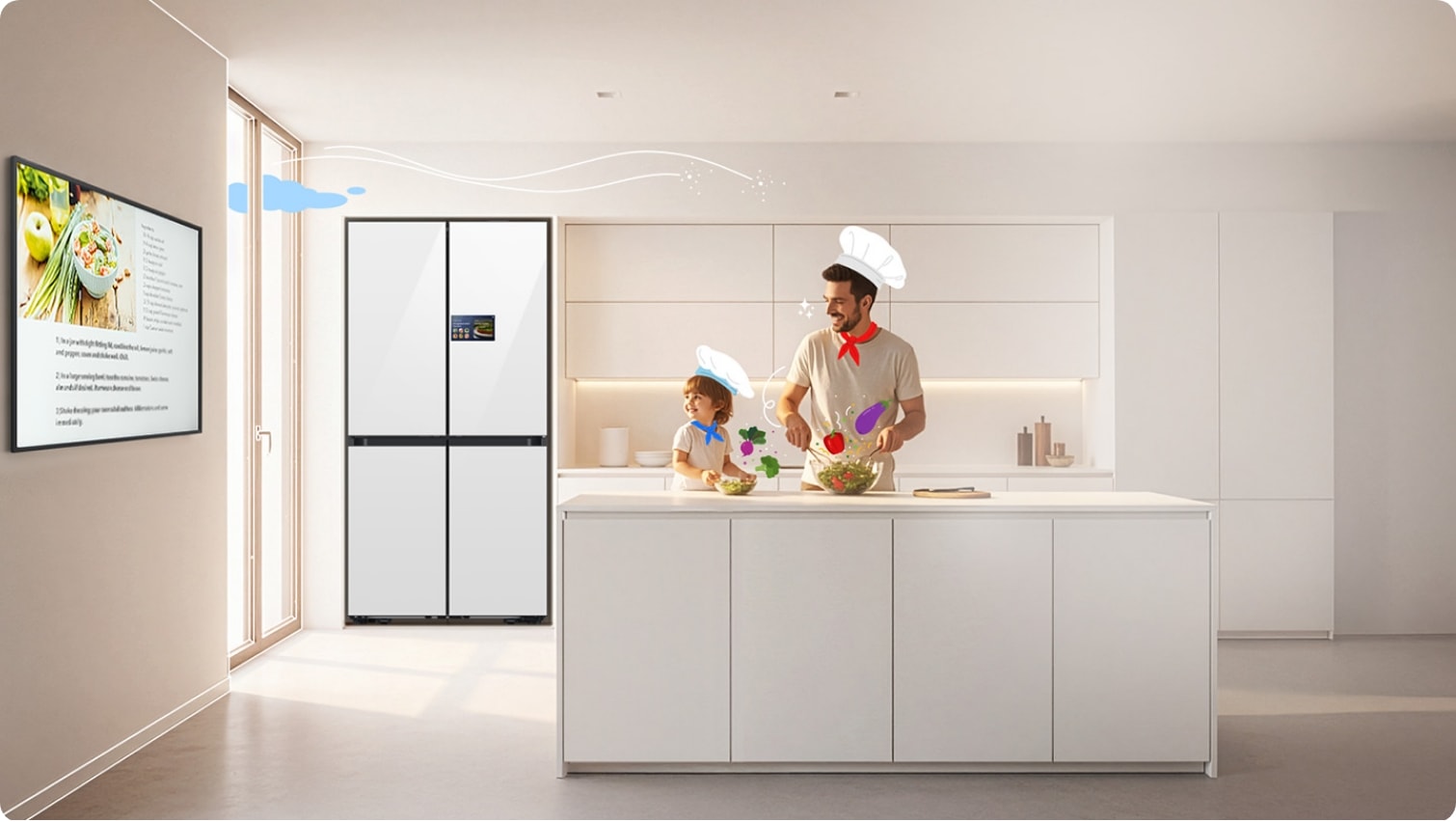 아이와 남성이 주방에서 TV를 보며 요리를 하고 있고, 주방 뒤편에는 삼성 냉장고 제품이 배치된 이미지