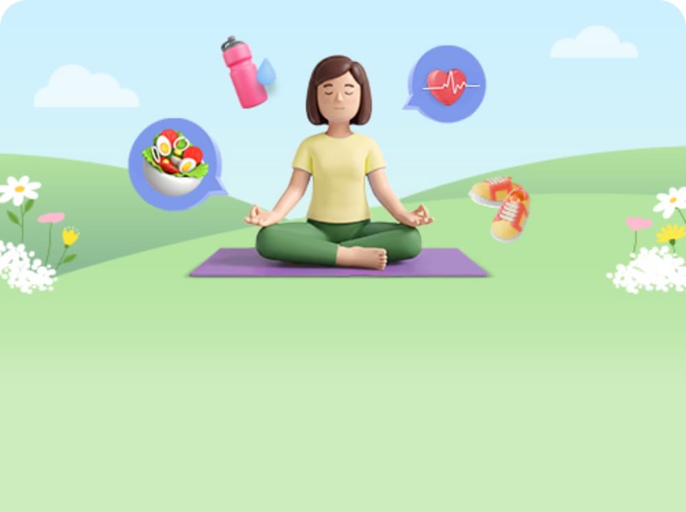 명상 자세로 요가매트 위에 앉아 있는 여성 캐릭터, 물병, 샐러드, 심박수 그래프, 운동화 아이콘, 푸른 들판과 꽃 배경