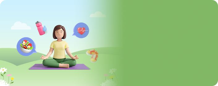명상 자세로 요가매트 위에 앉아 있는 여성 캐릭터, 물병, 샐러드, 심박수 그래프, 운동화 아이콘, 푸른 들판과 꽃 배경