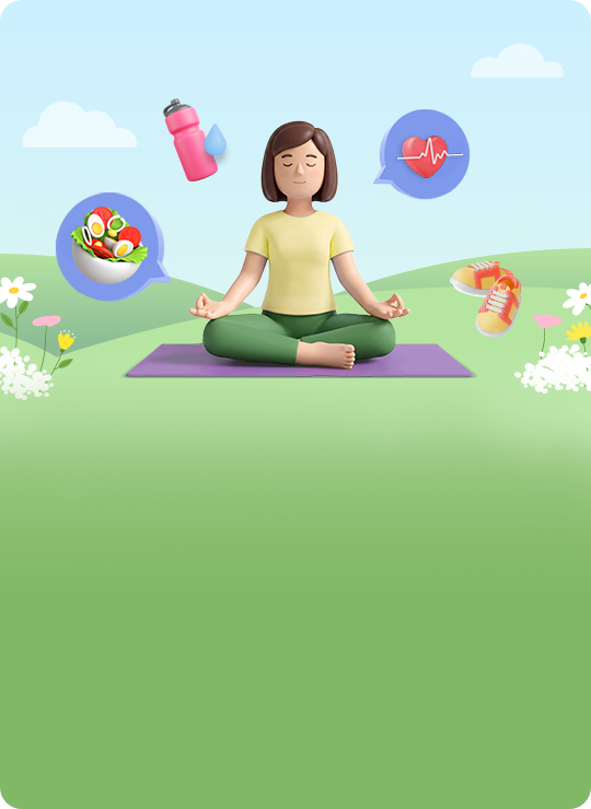명상 자세로 요가매트 위에 앉아 있는 여성 캐릭터, 물병, 샐러드, 심박수 그래프, 운동화 아이콘, 푸른 들판과 꽃 배경