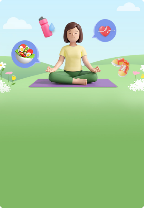 명상 자세로 요가매트 위에 앉아 있는 여성 캐릭터, 물병, 샐러드, 심박수 그래프, 운동화 아이콘, 푸른 들판과 꽃 배경