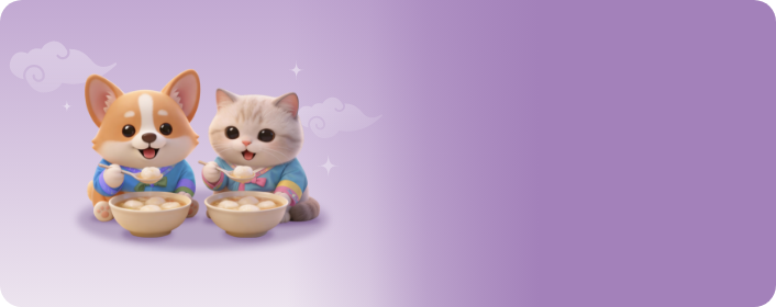 구름 배경에 3D 웰시코기와 고양이가 떡국을 먹는 일러스트