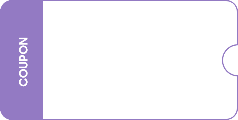 보라색 쿠폰 모양, 좌측에 쿠폰이 적혀있는 모습