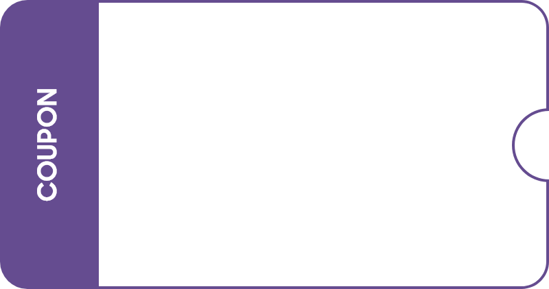 보라색 쿠폰 모양, 좌측에 쿠폰이 적혀있는 모습